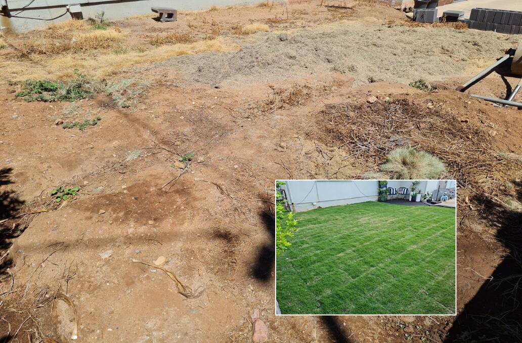 Groan to green: The before and (inset) after of the Baxter's yard improvement, earning them a win in the Lead Alliance's Backyard improvement program. Pictures: Supplied. 