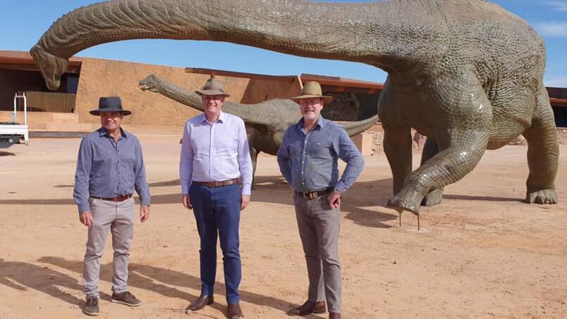 Winton Shire Mayor Gavin Baskett, Stirling Hinchliffe and Brett Kapernick from the Queensland Tourism Industry Council at the Australian Age of Dinosaurs Museum, which is in the running for the 2021 Queensland Tourism Awards. 