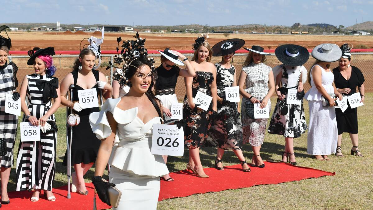 2019 Derby day runner-up Sharni Hall with the other contemporary fashions contestants with the black and white theme to feature in the final of the Cloncurry Fashions Series this Saturday. 