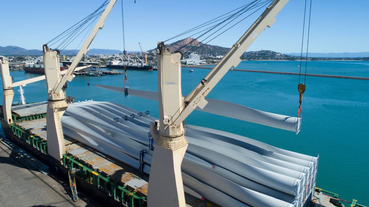 BIG WIND: Kennedy Park wind turbines bound for Hughenden's Kennedy Energy Park are unloaded from the Port of Townsville docks. Photo: supplied.
