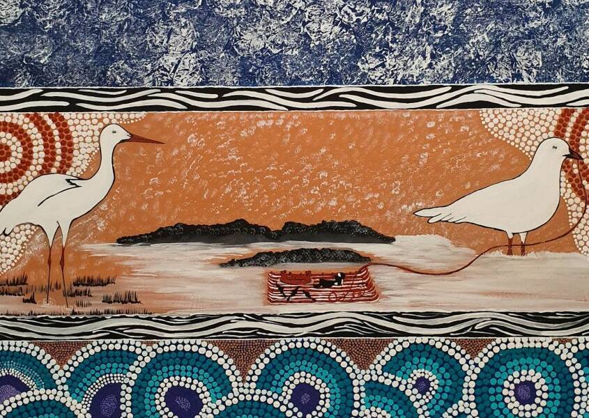 Detail from Joelene Roughsey's painting "Seagull and Crane - a traditional Lardil story from Mornington Island."