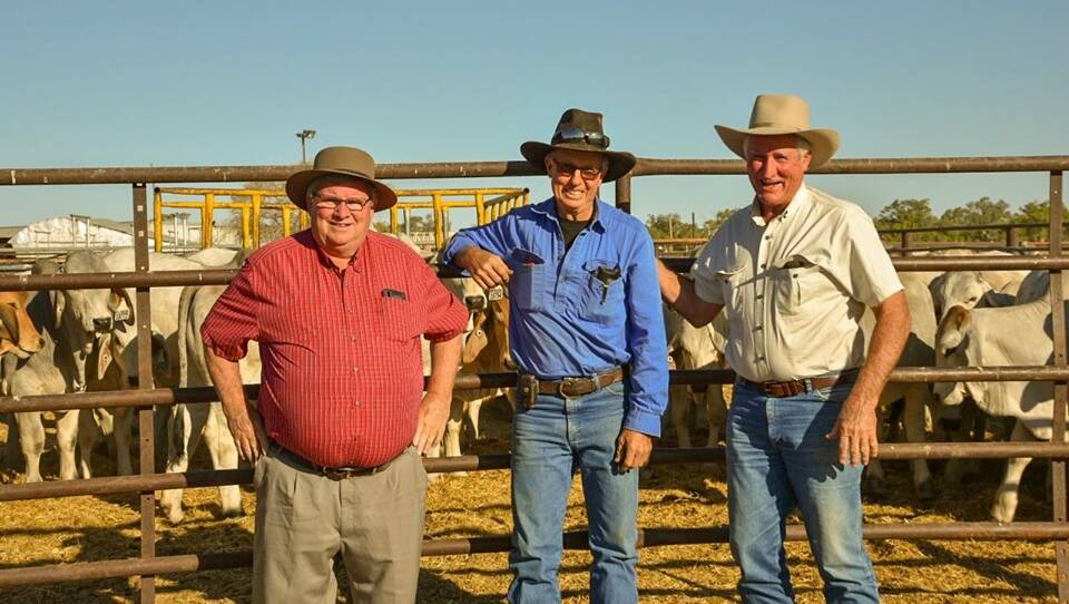 Agency CEO Shane Stone (left) and board member Don Heatley (right) meet with Rodger Jefferis from Elrose Brahman Stud,McKinlay Shire.