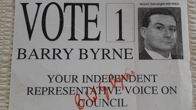 An election leaflet for the late Barry Byrne (signed in red pen by him) from some time in the 1980s.