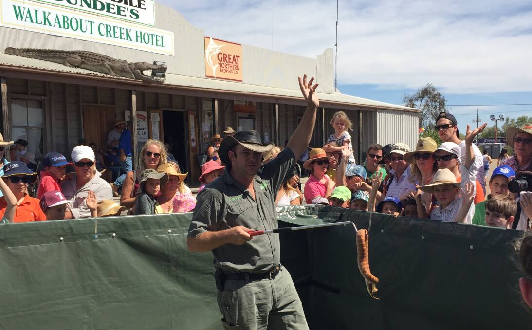 SLIPPERY CUSTOMER: Ranger Dan displays one of his venomous snakes at the Crocodile Festival at the Walkabout Creek pub in McKinlay. Photo: Derek Barry