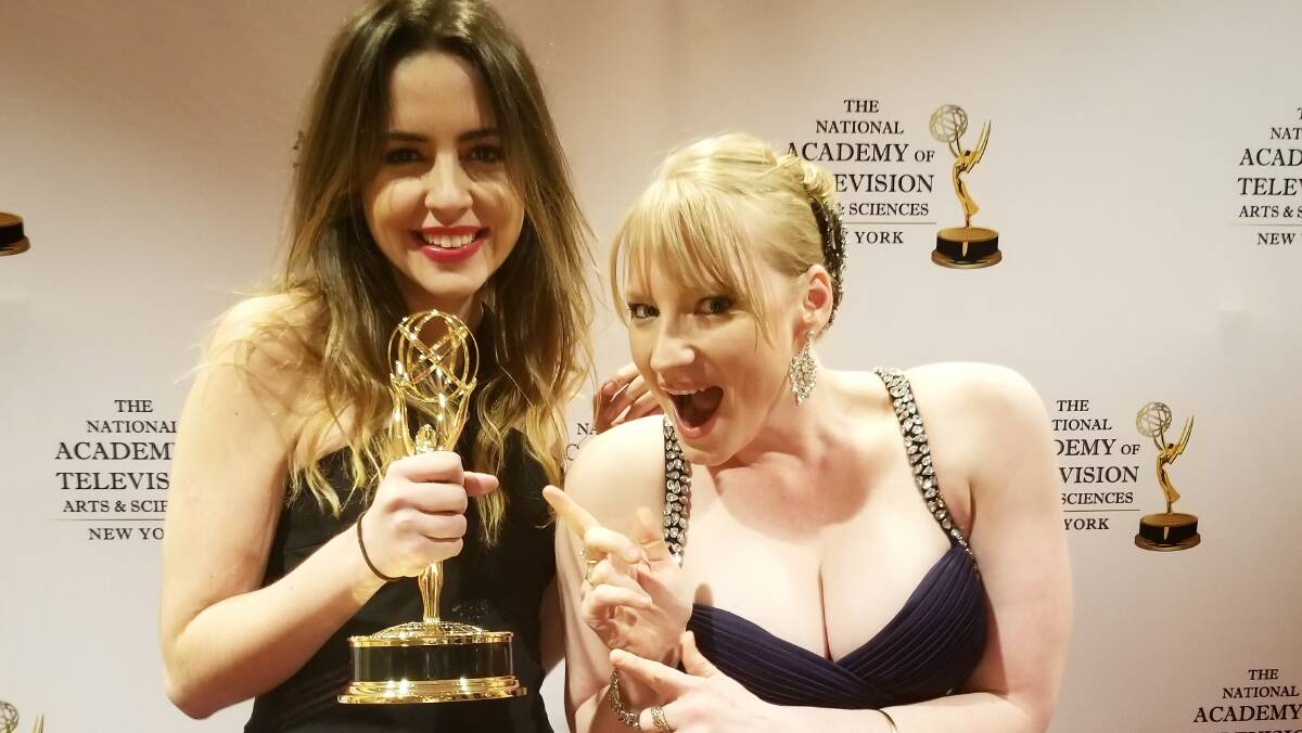 BIG WIN: Emma Cillekens (right) and fellow NYU student Alessandra Freitas accept the New York Emmy for their work on the Finding Sanctuary NYC project. Photo: supplied