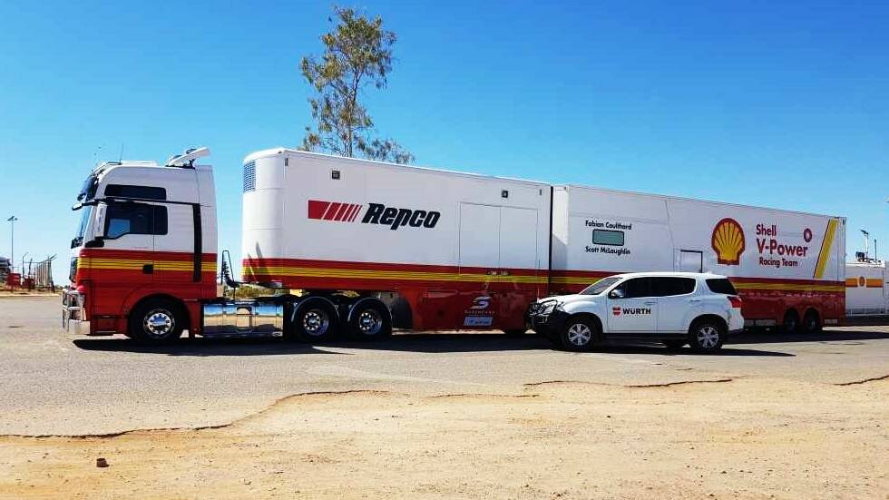 The Shell V-Power Racing Team transporter as they passed through Mount Isa, 190km from the broder. Photo: Shell V-Power Racing Team