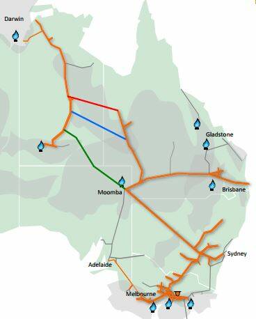 The gas will follow the APA pipeline from Alice Springs to Tennant Creek, then the NGP to Mount Isa (red) before resuming on the APA pipelines to Brisbane.