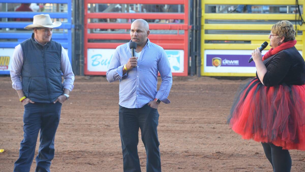 Robbie Katter, Matty Bowen and Trish McNamara announce the new Lead Alliance phone app at the Mount Isa Show on Friday.