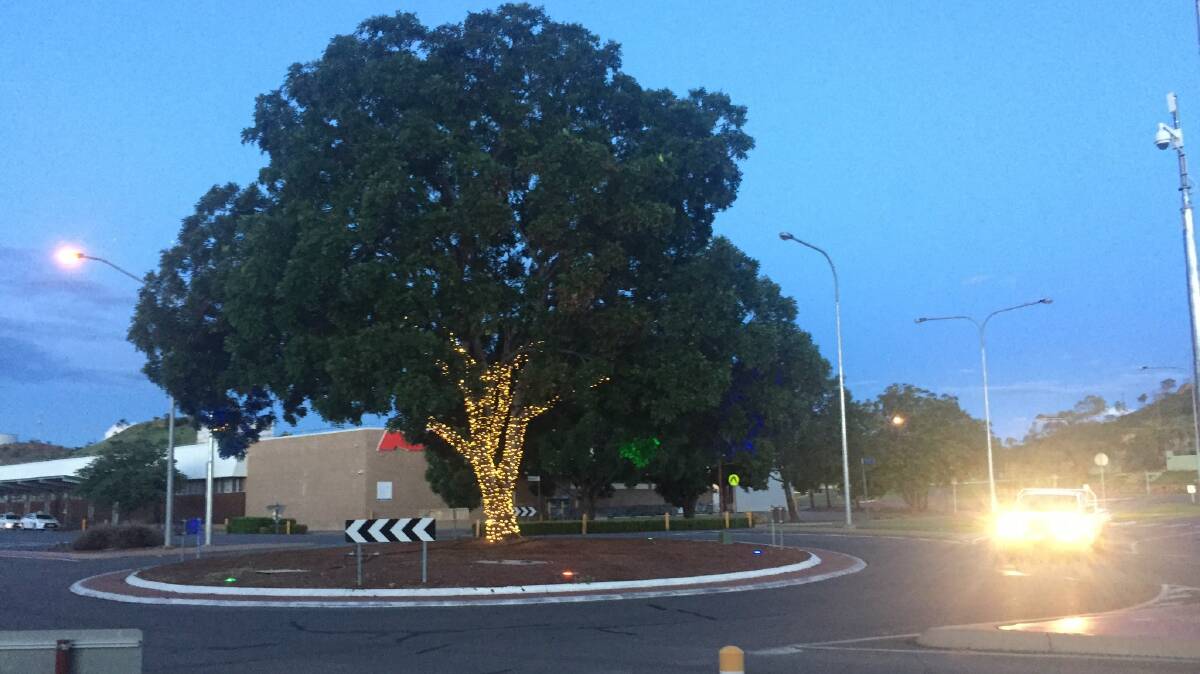 Festive tree all lit up at the Isa St roundabout.