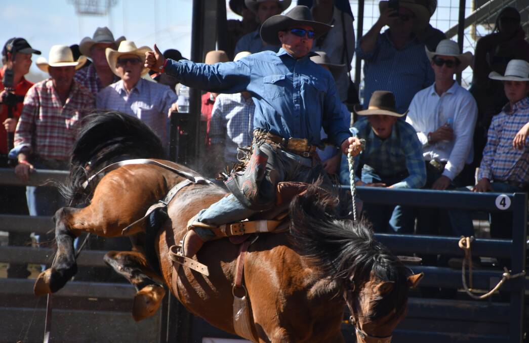 WINNER: Tony Caldwell puts in a 71 point ride on the Sunday to win the Open Saddle bronc while pal from Cameron Corner Fred Osman won the barebacks. Photo: Derek Barry