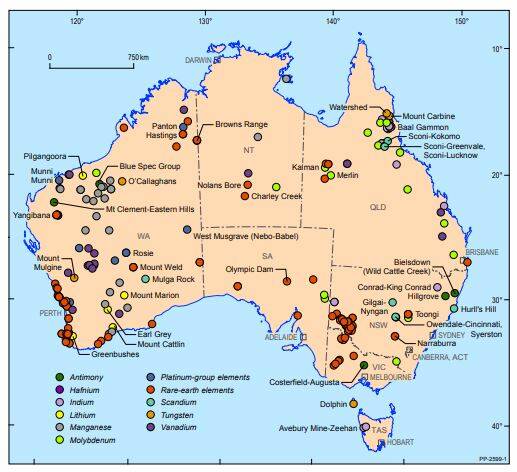A map of the sites containing critical minerals across Australia including Kalman and Merlin in NW Queensland.