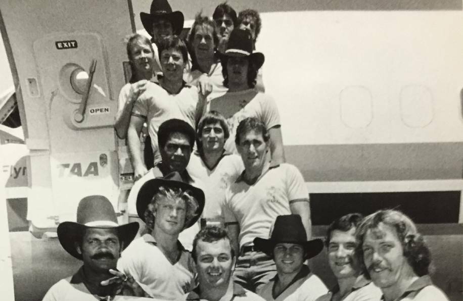 The 1984 Mount Isa Foley Shield side, with both Daisy brothers,about to board the plane to Townsville.