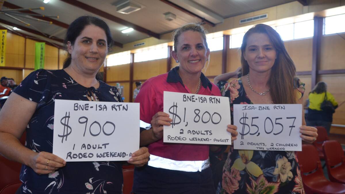 At the Inquiry hearing in Mount Isa with their signs of their price of flights are Sarrah Bowcock, Rachel Baker and Danielle Slade. 