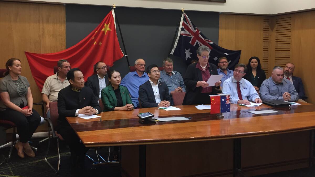 Flinders Mayor Jane McNamara speaks at the signing of the development deed for the Hughenden meatworks.