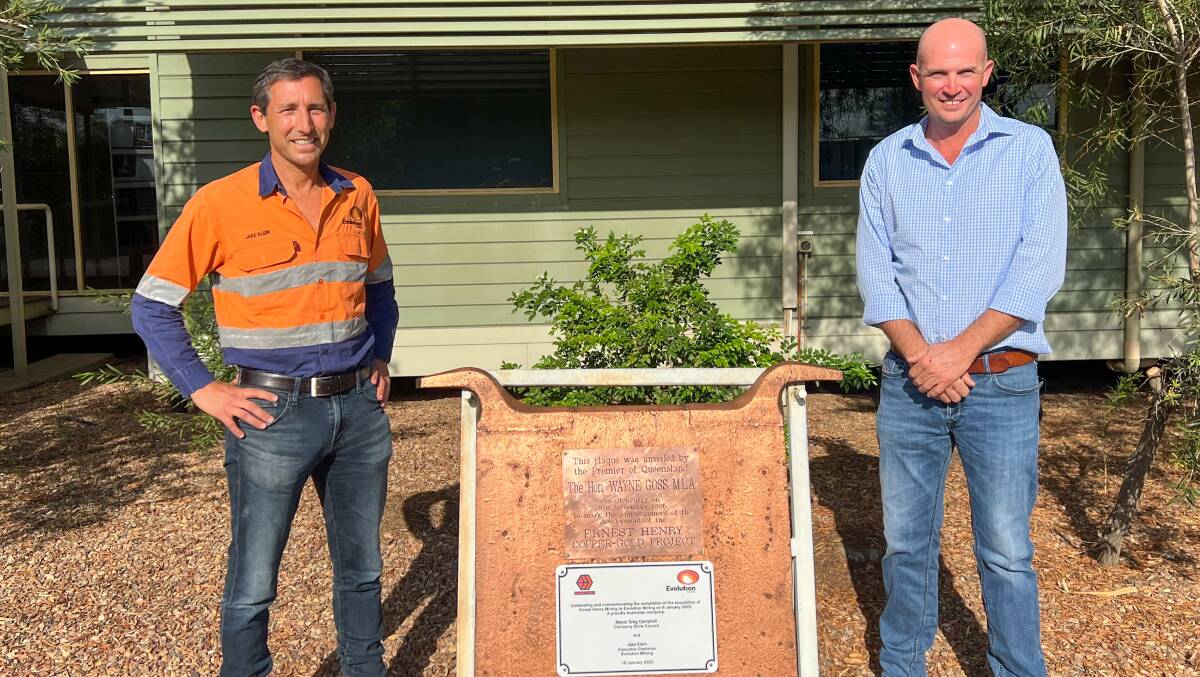 Evolution executive chairman Jake Klein and Cloncurry Mayor Greg Campbell unveil a plaque at Ernest Henry to mark Evolution's takeover of the mine.