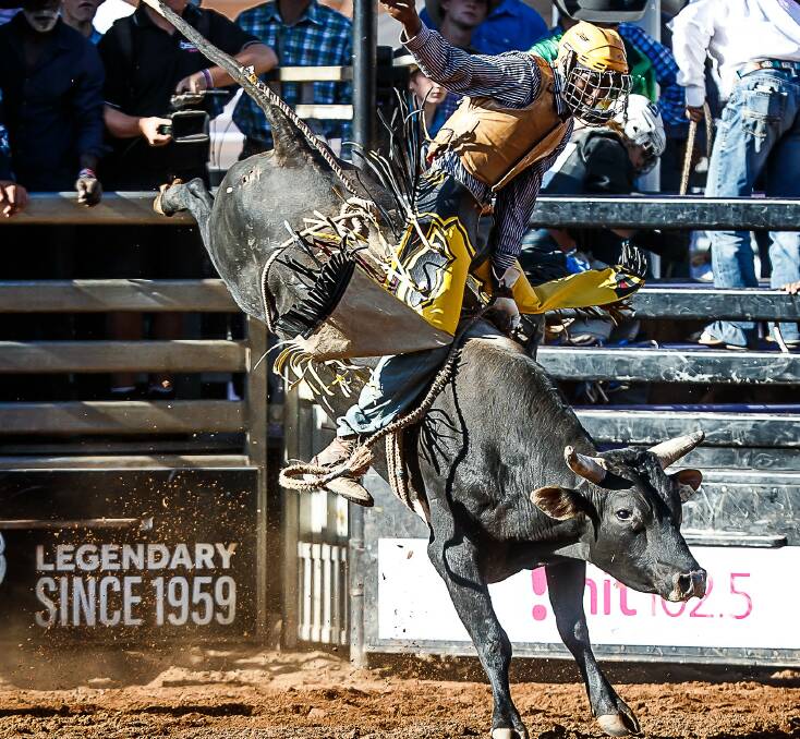 Edward Jupiter in action on his way to second place in the Brandy's Bucking Bulls Junior Bull Ride Final. Photo: Stephen Mowbray Photography