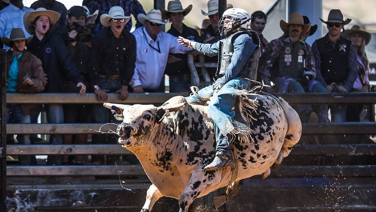 RECORD: Flashback to Mount Isa Mines Rodeo when Aaron Kleier rode Slam 'N Jam to a new arena record of 89 points in the final of the open bull ride. Photo: Stephen Mowbray