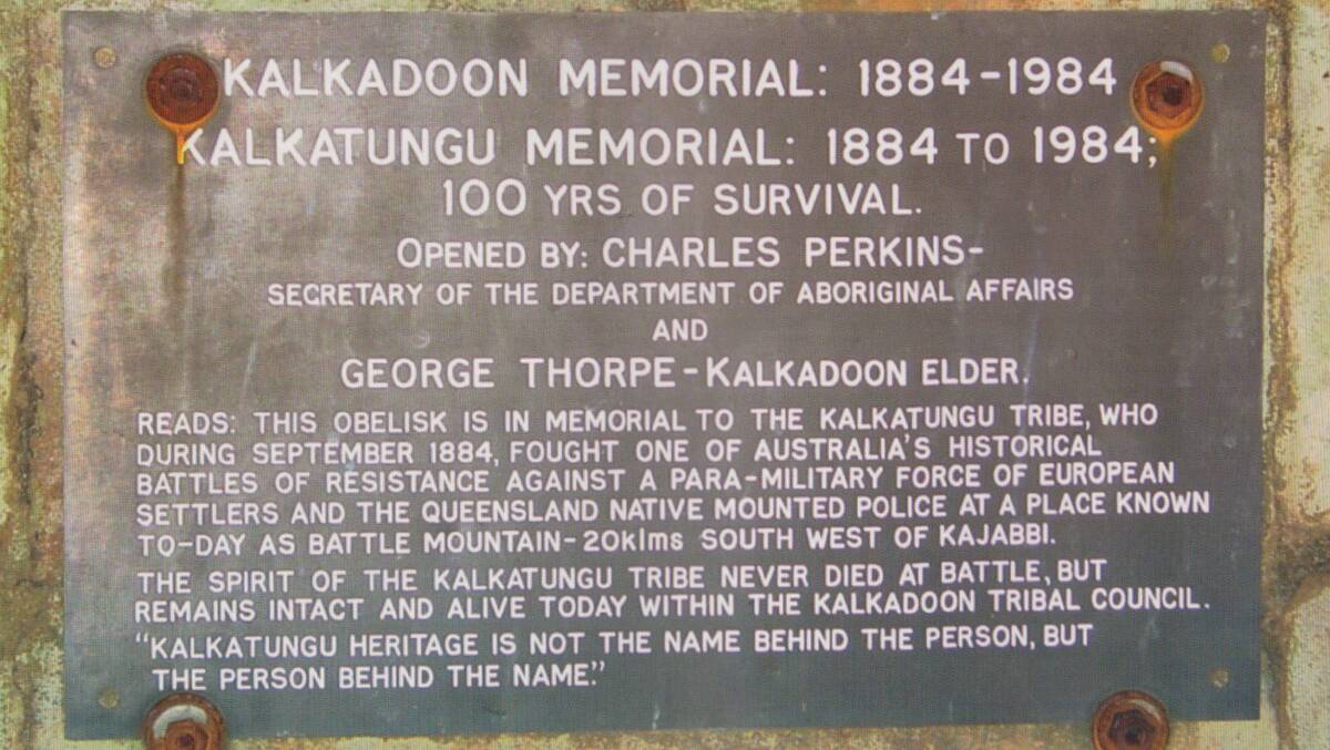 The plaque on the Kalkadoon Memorial plaque which was opened by George Thorpe.