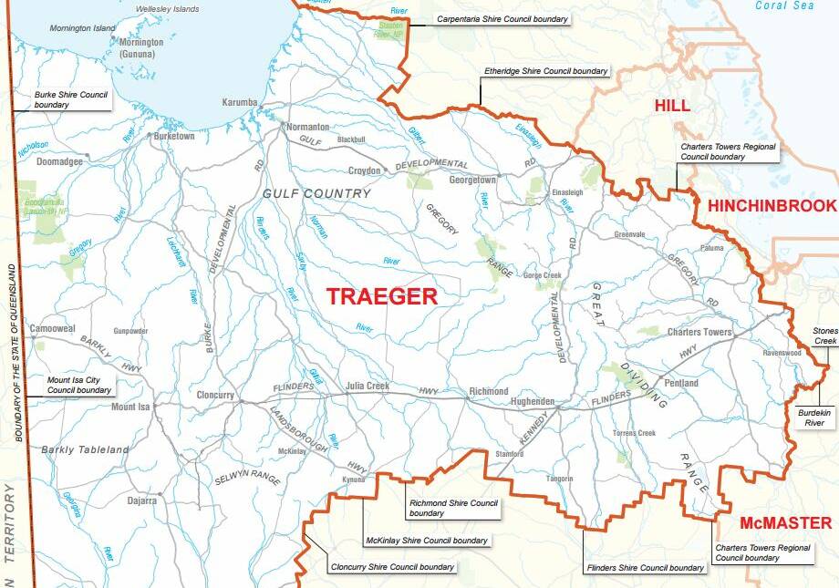 The seat of Traeger covers everything from the Gulf south to Dajarra and from the NT border east to Charters Towers.