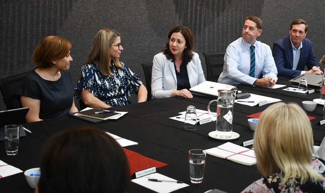 Premier Annastacia Palaszcuk chats with Mayor Joyce McCulloch flanked by Jackie Trad, Cameron Dick and Anthony Lynham.