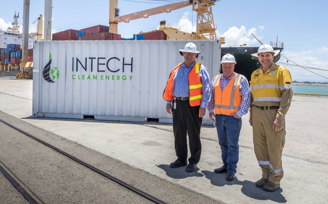 Port of Townsville CFO David Sibley,  MITEZ's David Glasson and Ergon Energy's Mark Biffanti with the Intech Energy Container.