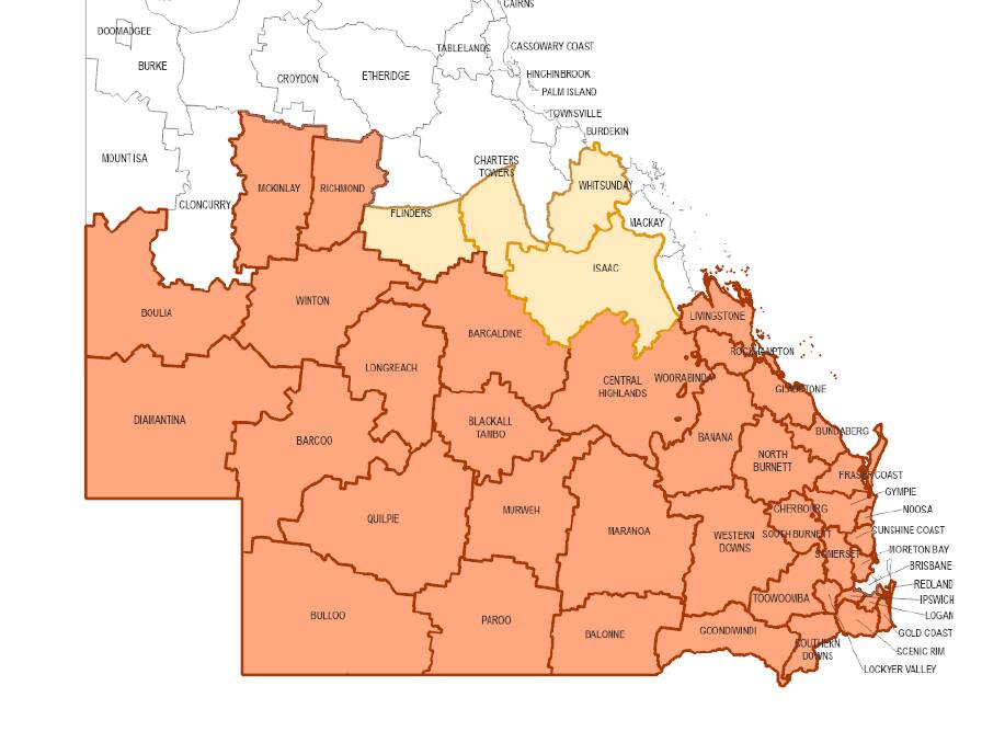 Qld drought declared shires in red, partially declared shires in pink.