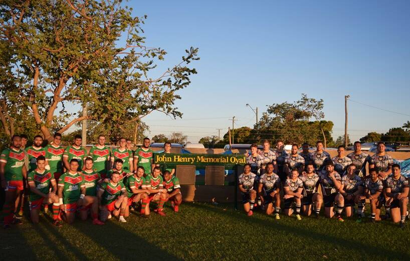 Wynnum Manly and Souths Logan Magpies pose before the game in Normanton.