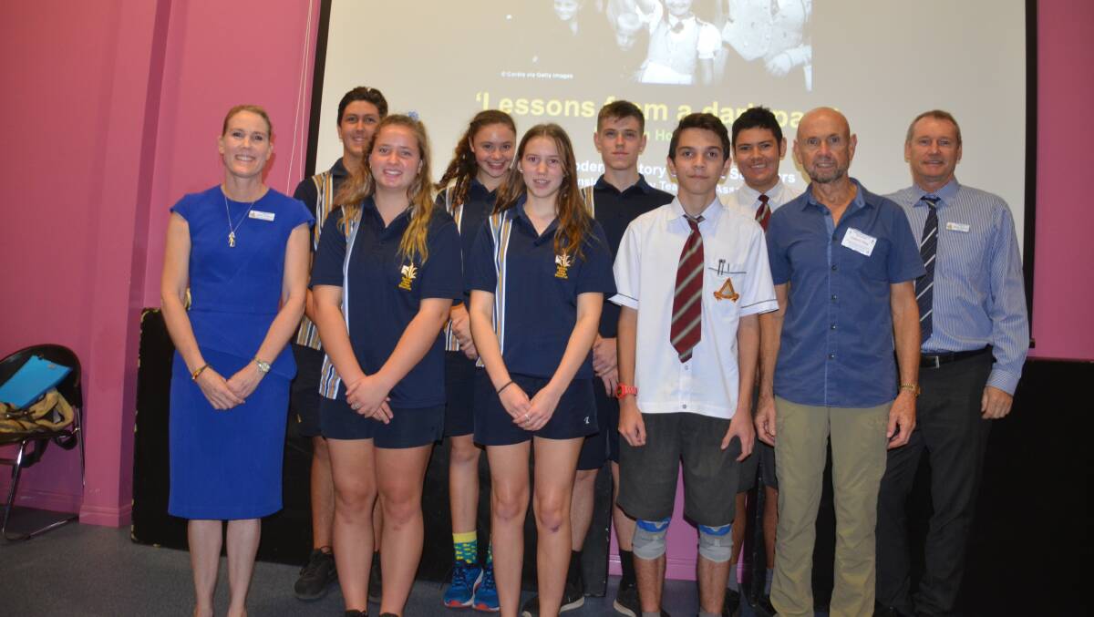 Pictured at the history seminar are Spiniifex teacher Chris Trembath (left), Spinifex and Good Shepherd students, Dr Brian Hoeppel (2nd right) and principal Phil Sweeney.