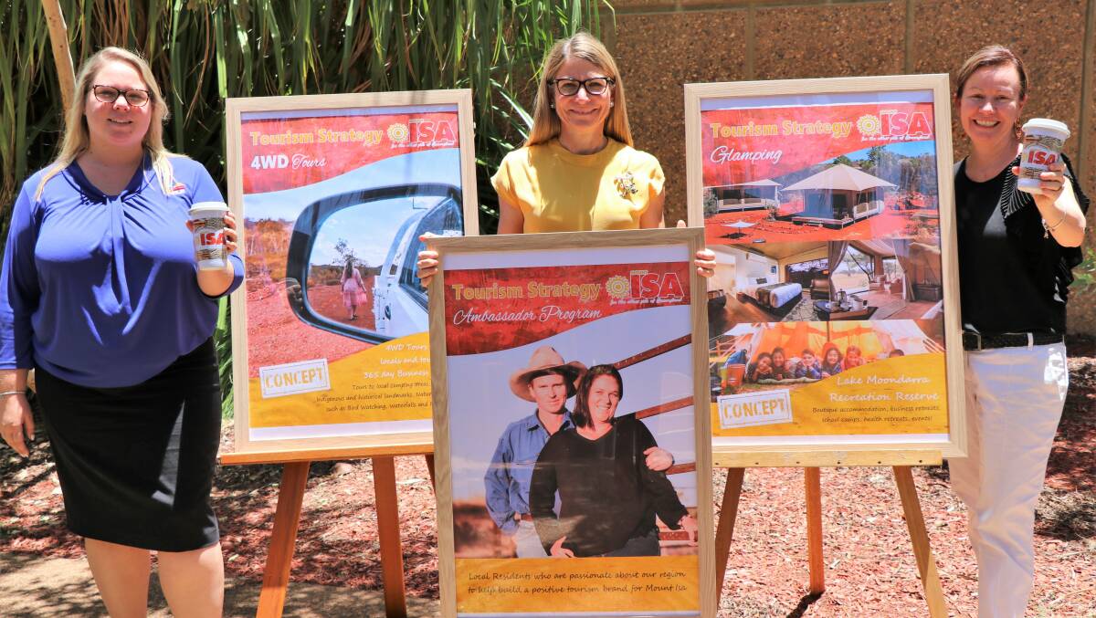MICC Tourism and Marketing Officer Maddi Evans, Mayor Joyce McCulloch and
Cr Peta MacRae launch the 2020-25 Mount Isa Tourism Development
Strategy.