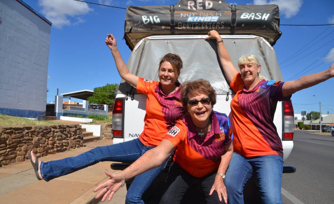 CITY LIMITS: Nicole and Jenny Landsberry (centre) and Jane Turner are ready to Nutbush in a good cause at this year's Birdsville Big Red Bash. Photo: Derek Barry