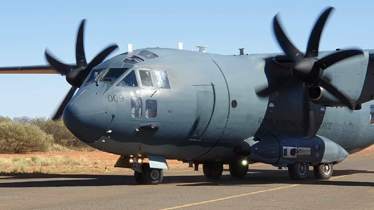 The RAAF jet with Scott Morrison aboard arrives in Quilpie. Photo: Ann Leahy