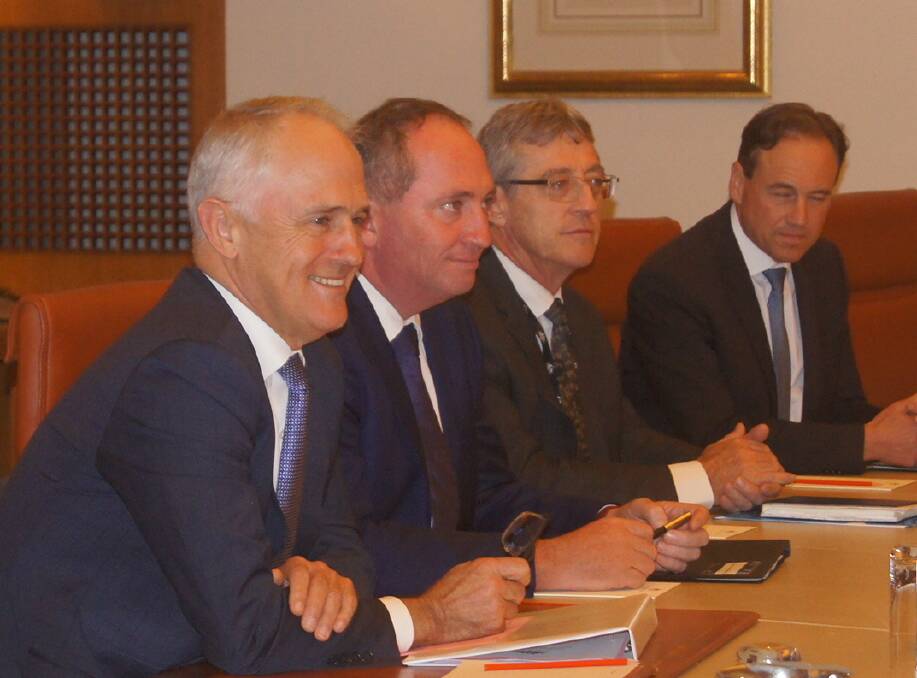 Malcolm Turnbull addresses Tuesday's first meeting of the Regional Ministerial Taskforce with Nationals leader Barnaby Joyce, Agriculture and Water Resources Department Secretary Daryl Quinlivan and Health and Sports Minister Greg Hunt.