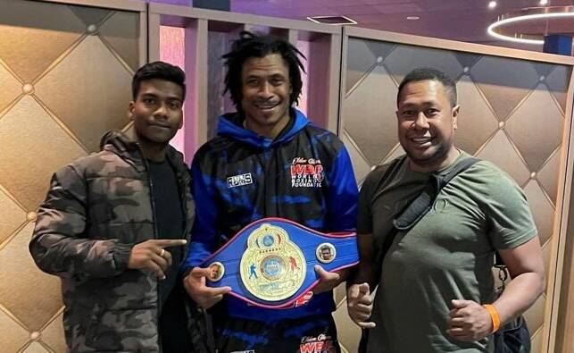 WBF Amateur Heavyweight Winner Sunny Raitava with Sudhesh Somu and Viliame Temo after his win on Saturday.
