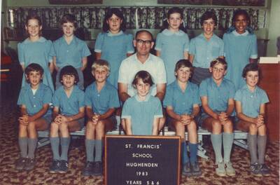 Class photo of years 5 & 6 at St Francis School, Hughenden, 1983. Cathy Freeman top right. Flinders Shire Historical collection.