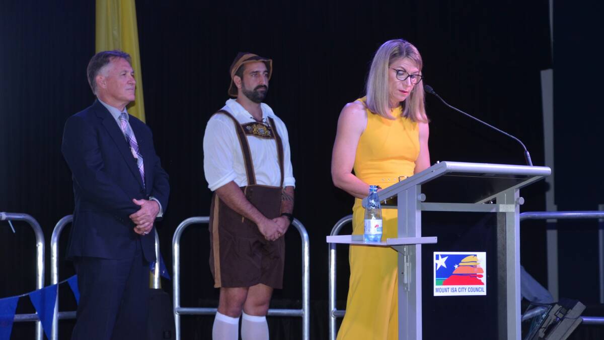 BUSINESS FRIENDLY: Mayor Joyce McCulloch speaks at the business awards watched by Deputy Mayor Phil Barwick and event MC Justin Bell (JB).  