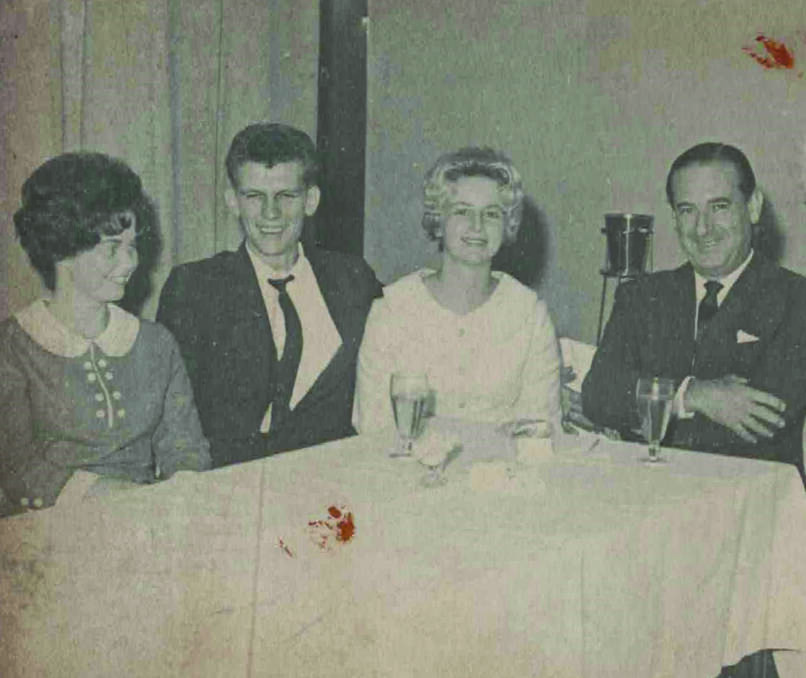 The 1966 staff party at Verona Restaurant after the first week. Jenny Norris (married Barry Pringle in 1967), Ennis (printer) and Mary Watkins, Sir Asher Joel.