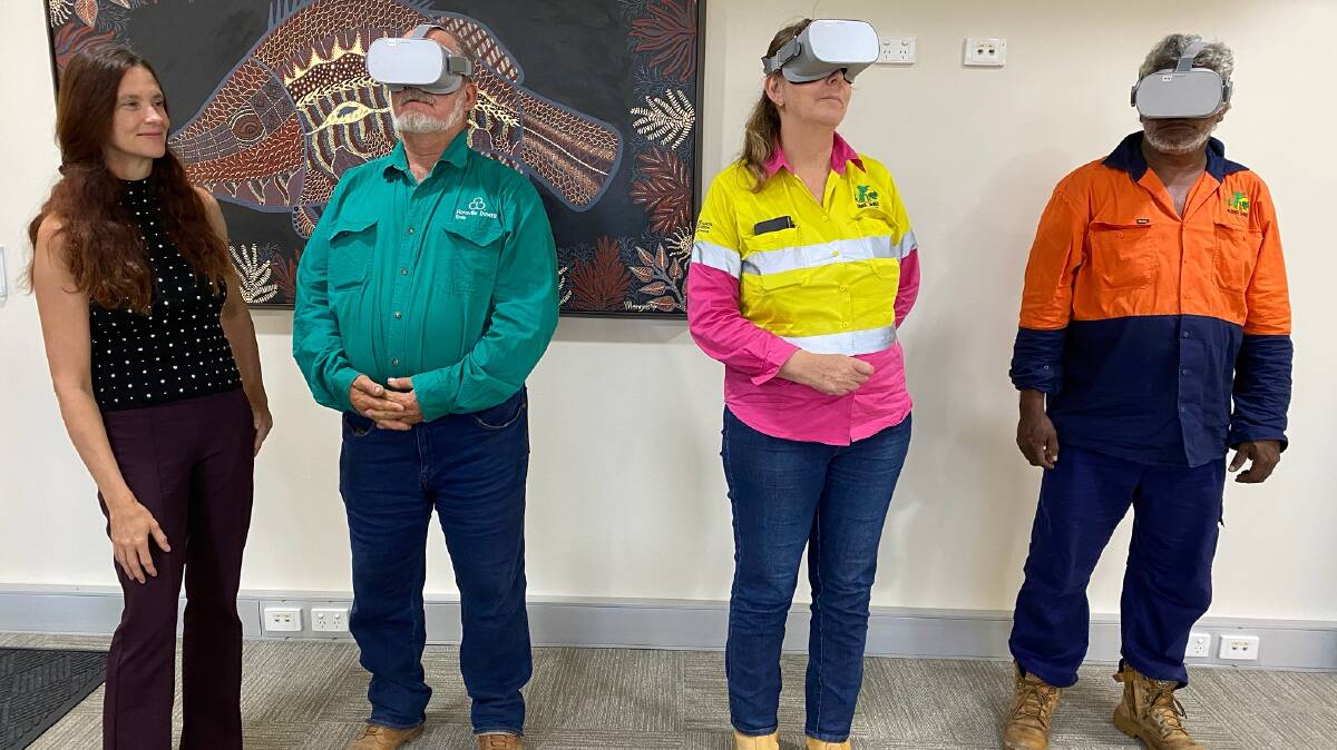 VIRTUAL CLASSROOM: CEO Clare Keenan watches Mayor Ernie Camp, WHS and Training Officer Jasmin Davis, and Water and Sewerage Supervisor Dave Marshall
try out the Next World Enterprise virtual reality training headsets,