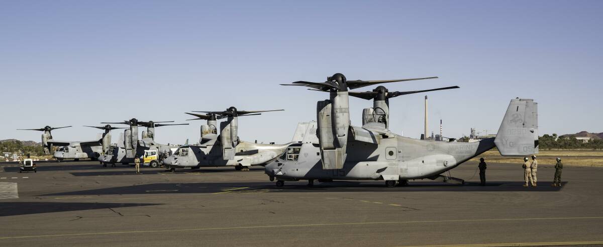 GAS AND GO: Four US Air Force Osprey MV-22 tilt rotors fuel up in Mount Isa enroute to Shoalwater Bay. Photo: Alan Mathieson