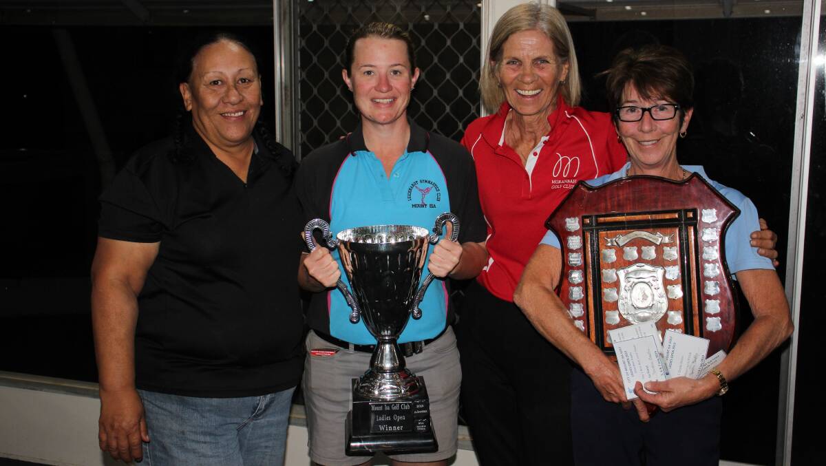 Angie Sciascia, Ladies Gross Champion Kirra White, Liz Jakeman, and Sandra Beattie with their trophies.
