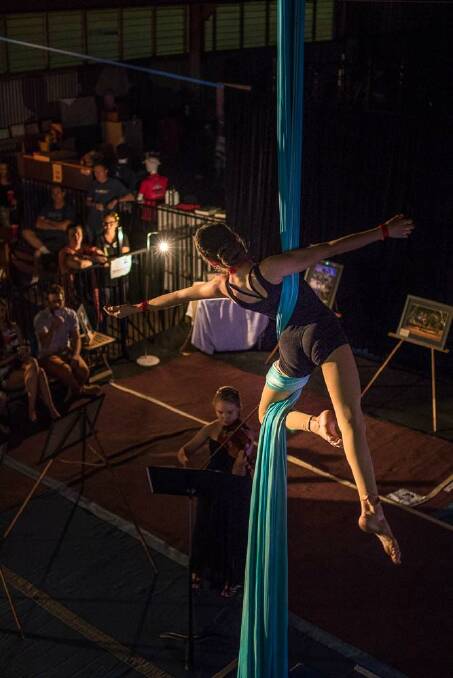 Amazing: One of the Six Foot Circus performers on the trapeze accompanied by Kristina Glindon on violin in front of Virginia Hills' images. Photo: Jemloco Images.