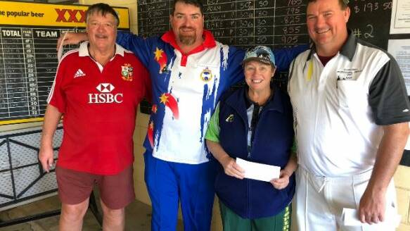 Winners are Grinners First Place Team (Left to Right) Skip Peter Baker, Carol Fair (Snowy Mountains) and Ross Smale with Sharpie (Club President).
