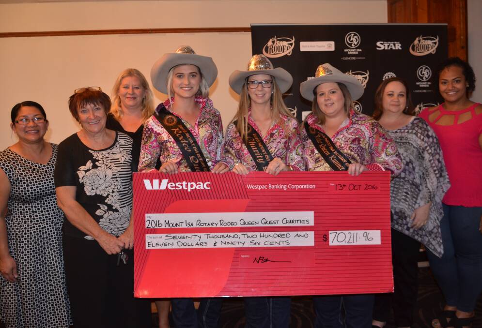 Chelsea Beckmann, Sarah Brisbane and Renaee Gattera present cheques to Ronald McDonald House, Paws, Hoofs and Claws and NW Qld Mental Health Network.