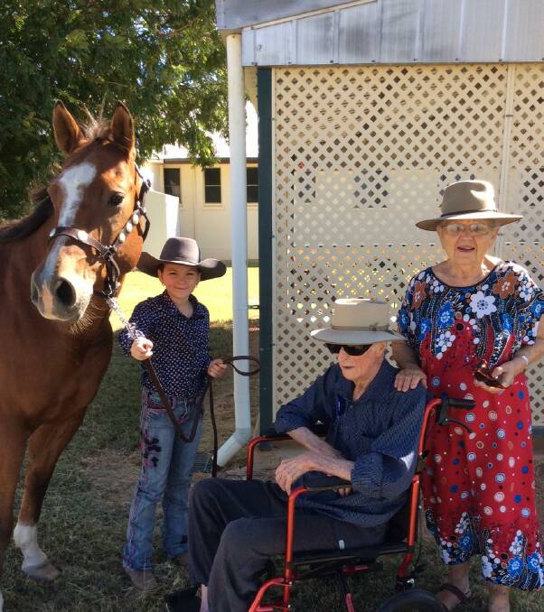 Olive O'Connor with Georgie Harrison and the horse (with young helper) on Georgie's 100th birthday.