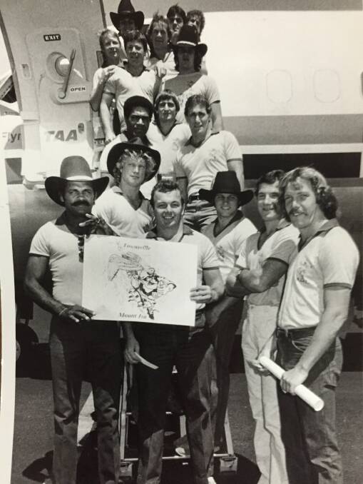 The Mount Isa team board the plane for Townsville to take part in the Foley Shield in 1984.