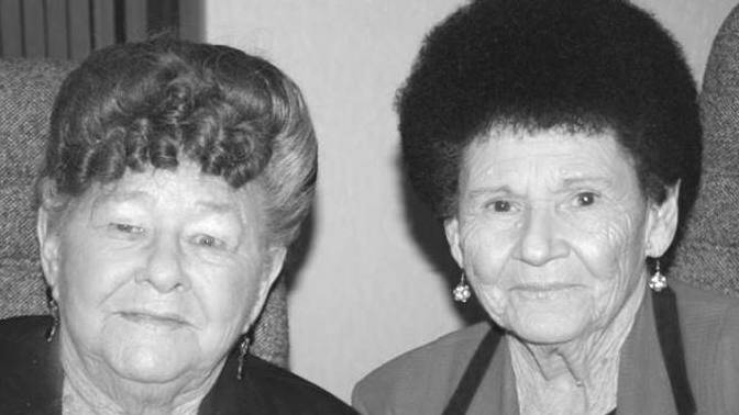 Sisters Kath Swift and Joyce Nielson with their identifying hairstyles.