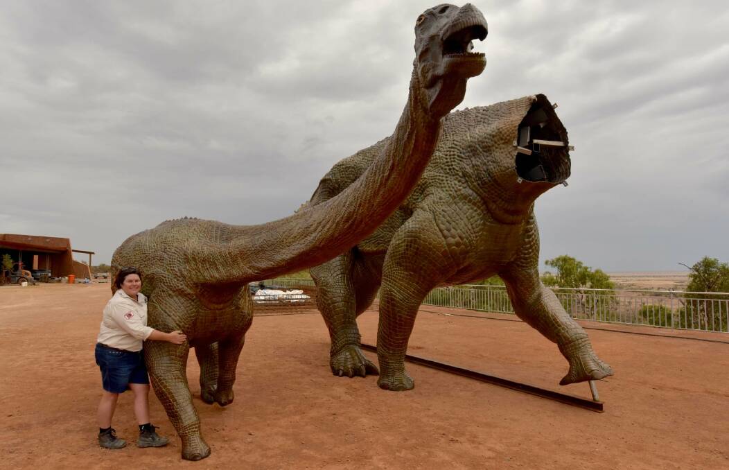 Trish Sloan with the new sculptures at the Australian Age of Dinosaurs museum. Photo: John Elliott