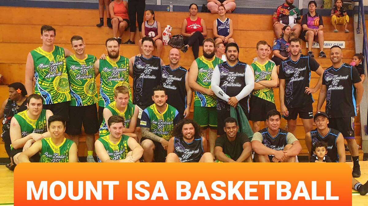 Aussie and New Zealand basketballers line up for a photo after the game. Photo: Mount Isa Basketball Association.