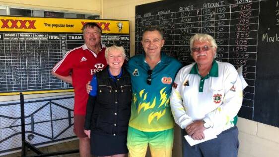 Third place Team (Left to Right) Barry Jackson (Cloncurry), Skip Dave Cahill and Brenda Thompson (Ipswich) with Sharpie (Club President).