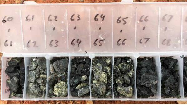 HJRC 004 60 – 68 metres with visible pyrite, pyrrhotite and chalcopyrite.