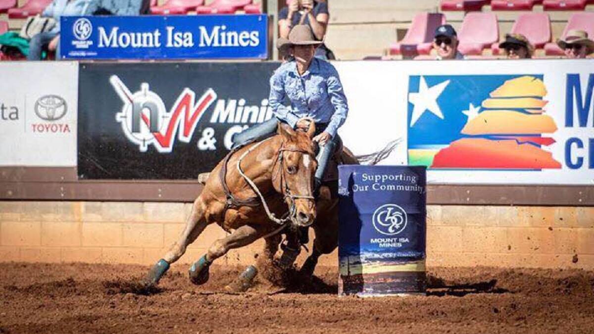 HOME RUN: Chantel Huddy and Mick in action in the Mount Isa ladies barrel race. Photo: Kerry Brisbane.